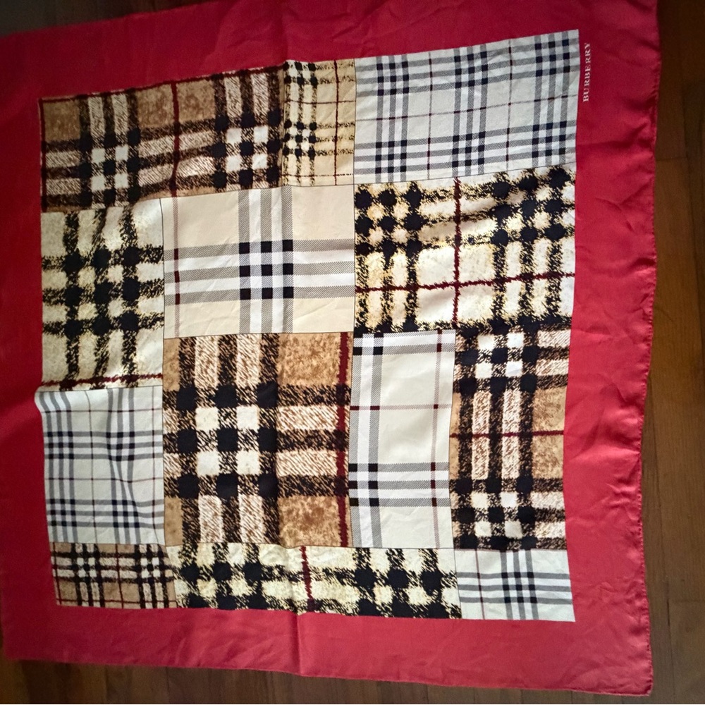 Burberry Red and Black Silk Scarf.